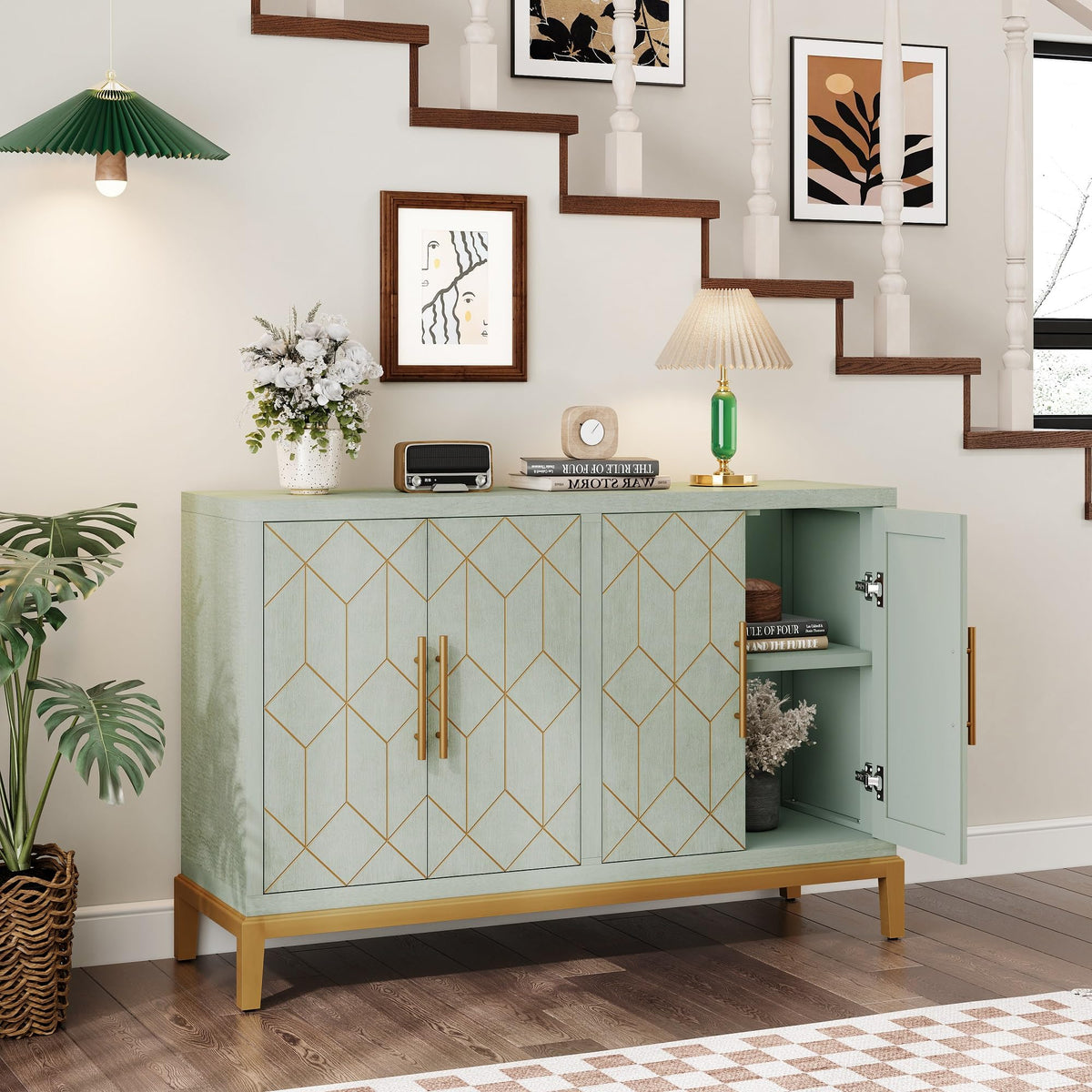 Green 4-Door Sideboard with Gold Trim