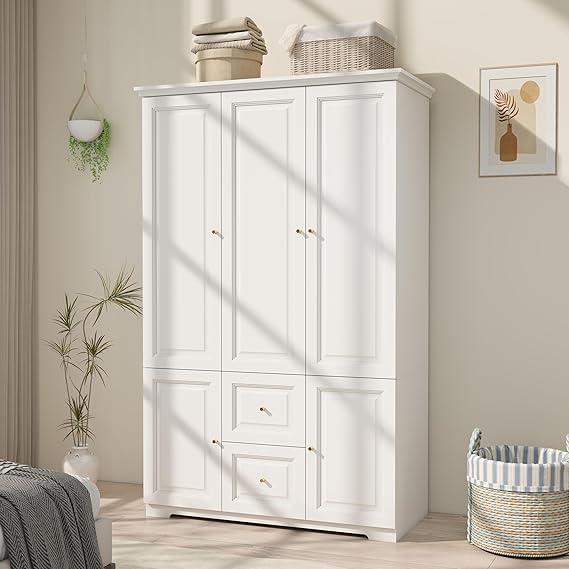 White Wardrobe Armoire with Drawers & Hanging Rod
