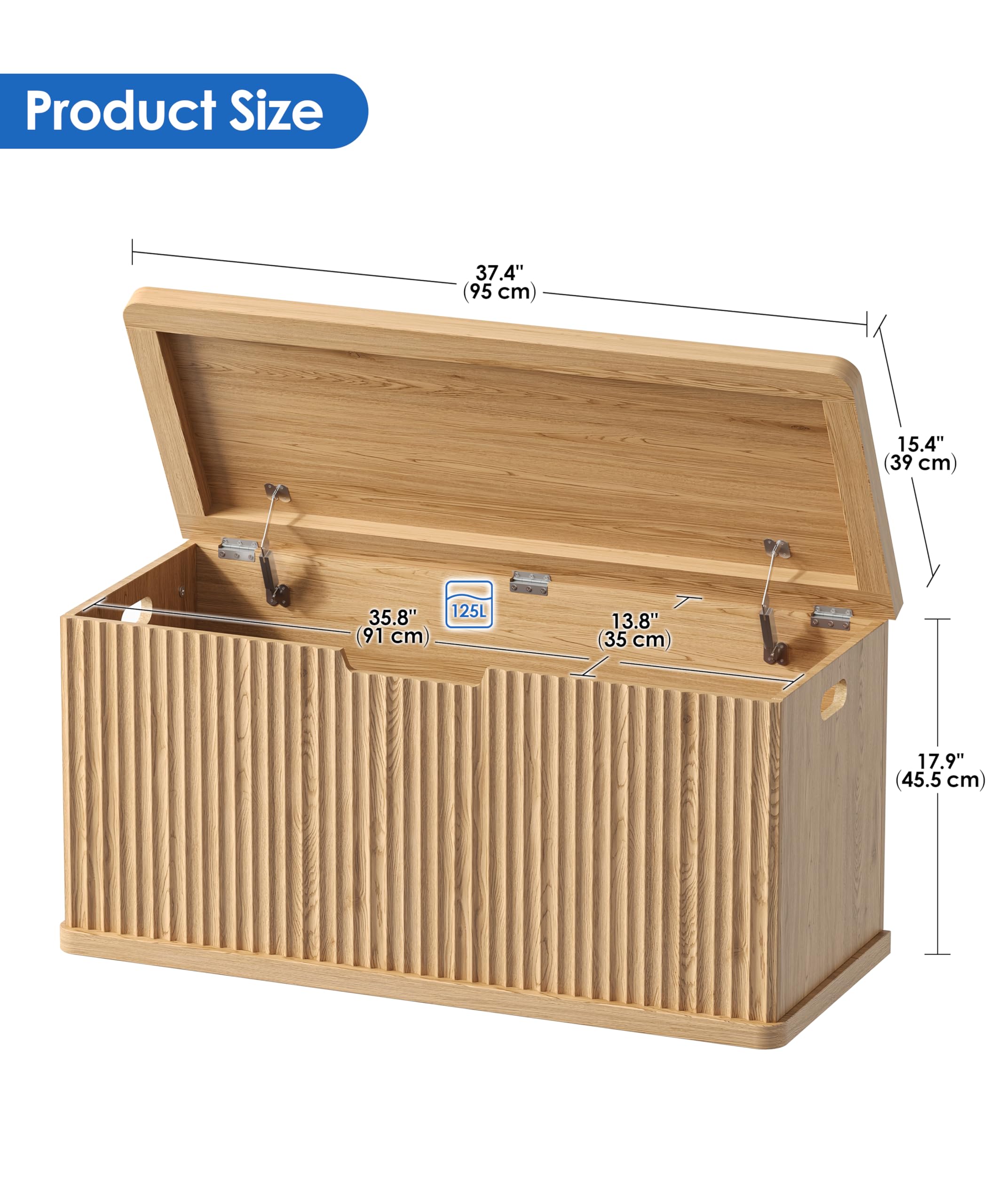 Akxomel Fluted Storage Chest with 2 Safety Hinges, 37.4" Wooden Storage Trunk, Natural Entryway Bench, for Living Room, Bedroom, Curved Profile, Easy Assembly, Natural Oak