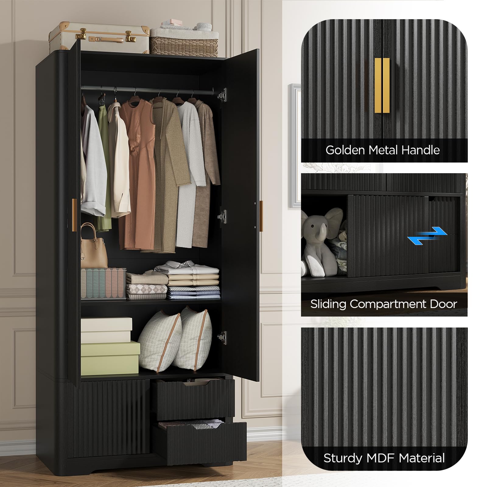 Vabches 71” Tall Armoire Wardrobe Closet with 2 Drawers and Shelves, Large Wooden Wardrobe Cabinet with Hanging Rod, Sliding Cabinet, Modern Fluted Clothing Storage Cabinet for Bedroom, Black