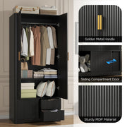 Vabches 71” Tall Armoire Wardrobe Closet with 2 Drawers and Shelves, Large Wooden Wardrobe Cabinet with Hanging Rod, Sliding Cabinet, Modern Fluted Clothing Storage Cabinet for Bedroom, Black