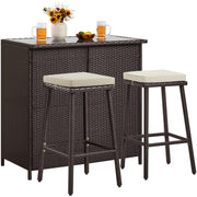 3-Piece Outdoor Wicker Bar Set with Glass Top Table & Cushioned Stools