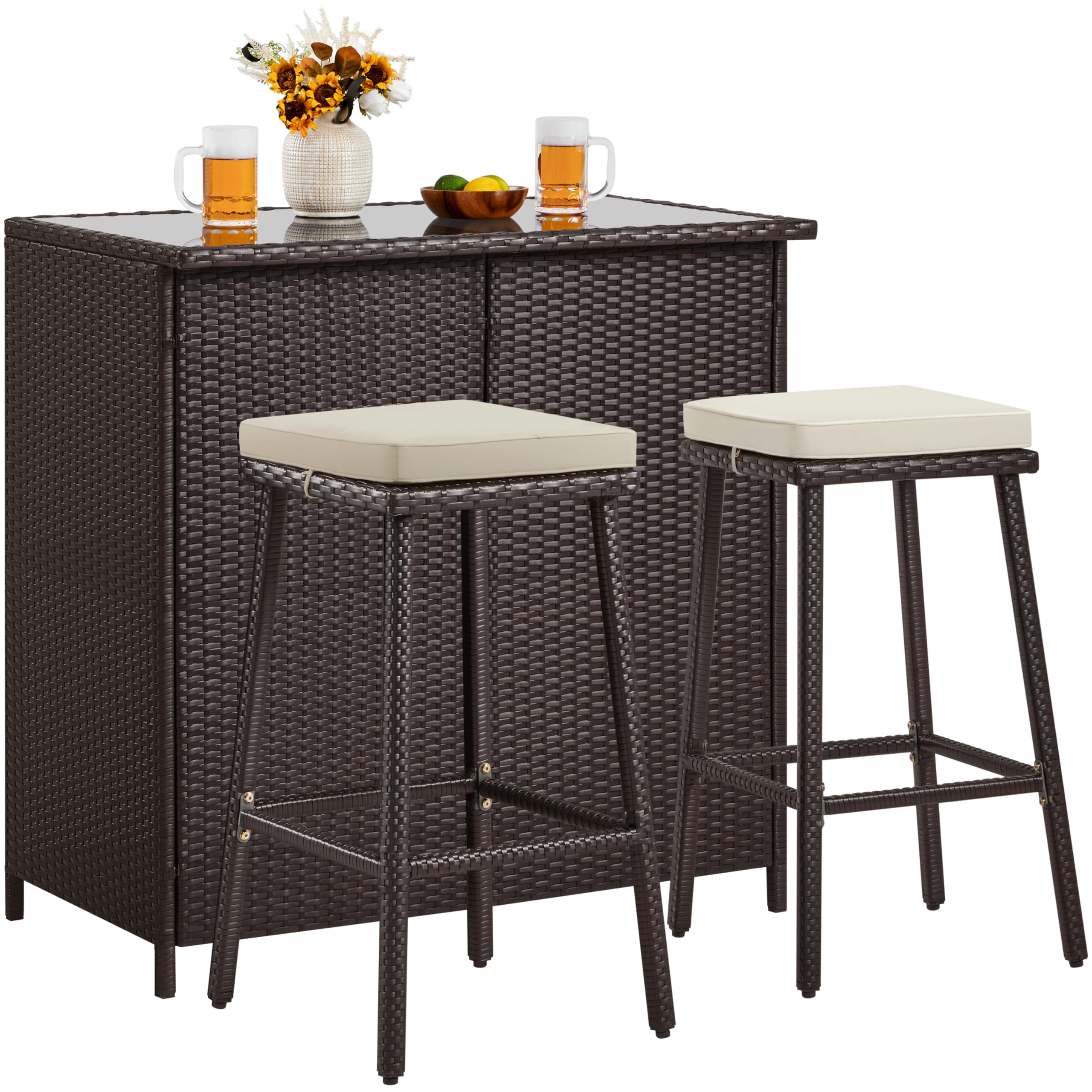 Yaheetech 3pcs Outdoor Bar Set, Patio Wicker Bar Furniture with 2 Storage Shelves, Glass Top Table, Cushions and Two Stools, Brown/Khaki