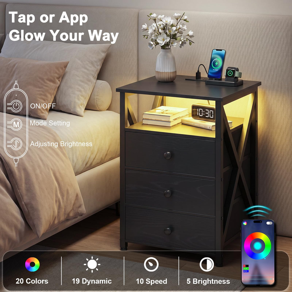 LED Nightstands with Charging Station, Set of 2