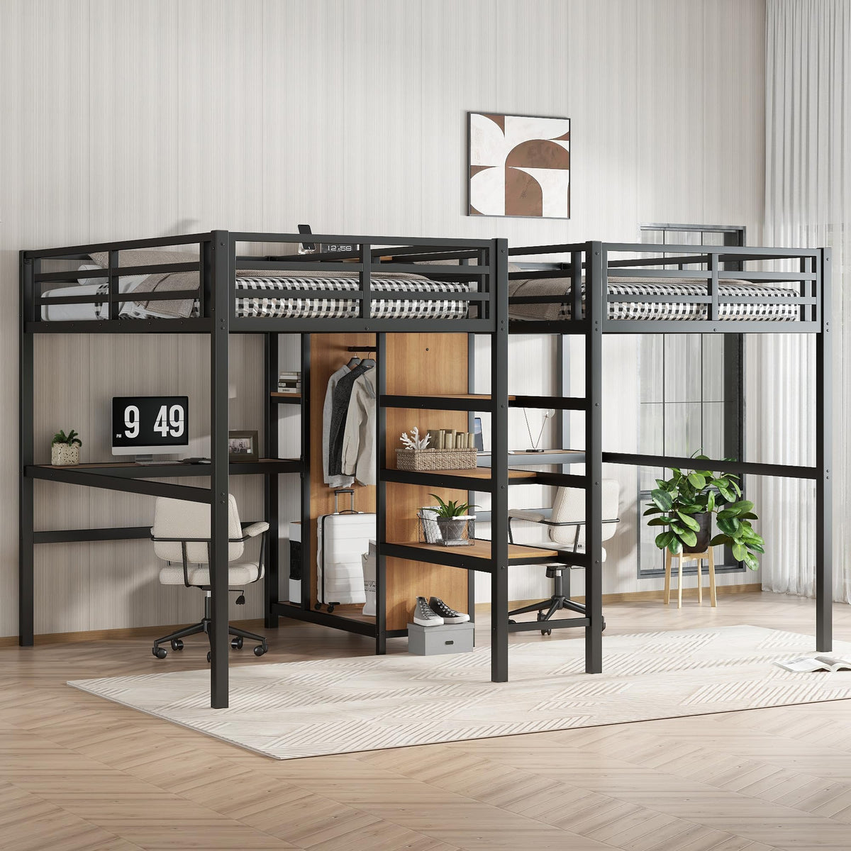 Twin Double Loft Bed with Desk and Wardrobe