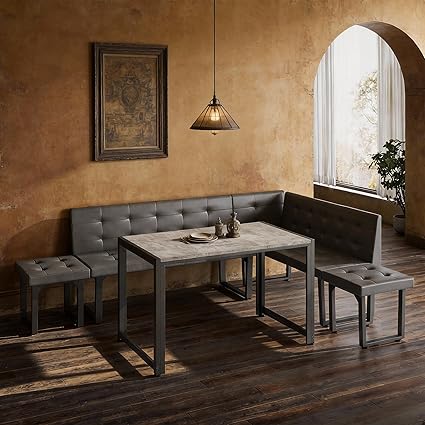 L-Shaped Corner Dining Table Set, 5-Piece with Bench & Stools