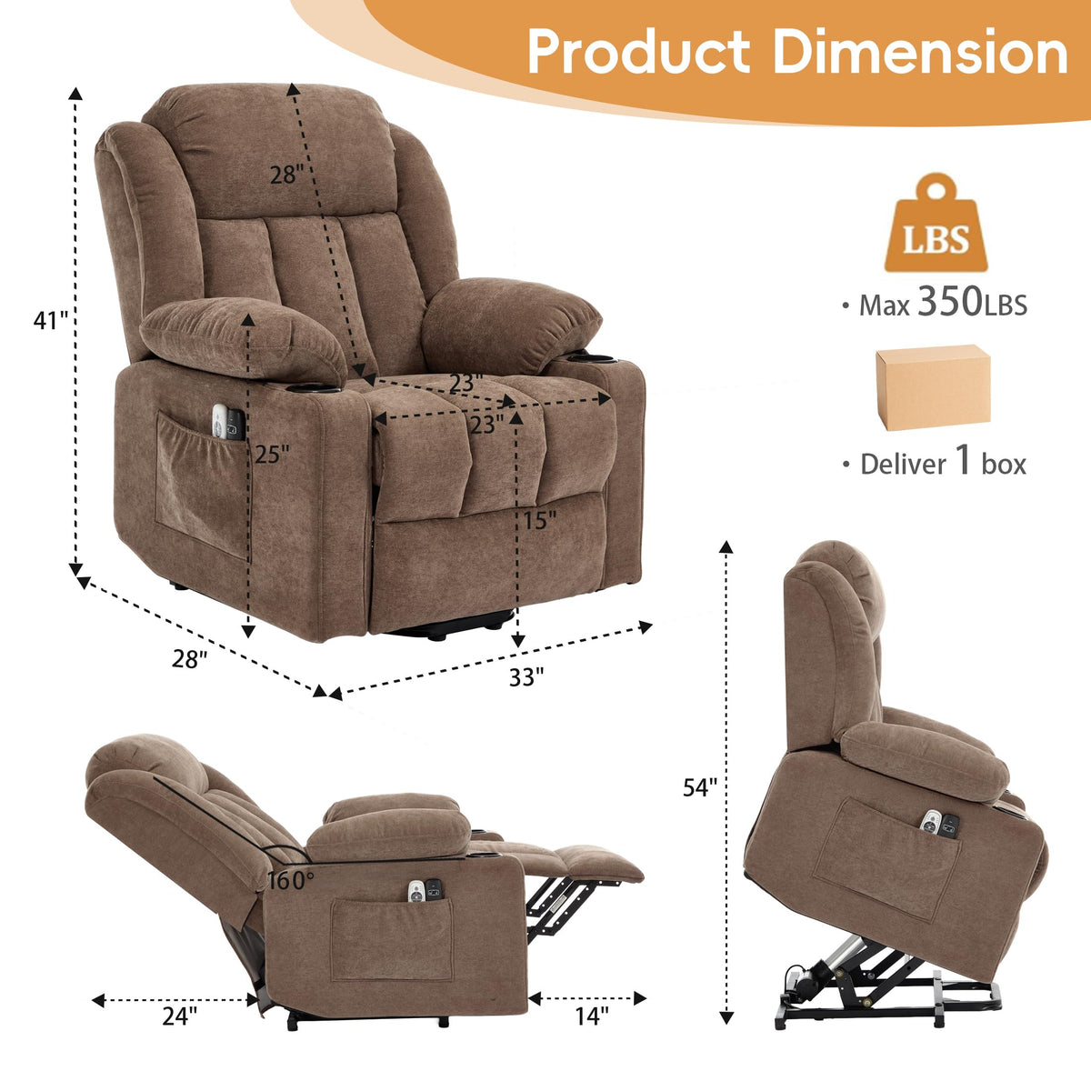 Sftaiyou Power Lift Recliner for Elderly,Electric Recliner Chair with Massage & Heating for Adults, USB Charging, Cup Holders, Side Pocket, Living Room Sofa L1288 (Brown)