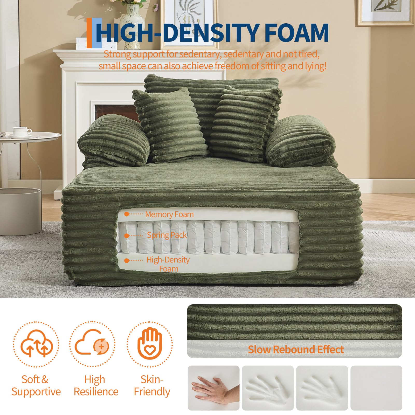 Amenitlif Convertible Corduroy Lounge Chair Sofa Bed, Oversized Floor Chaise Couch, Armless Sleeper Chair for Living Room, Cozy Reading Lounge, No Assembly Required, Green