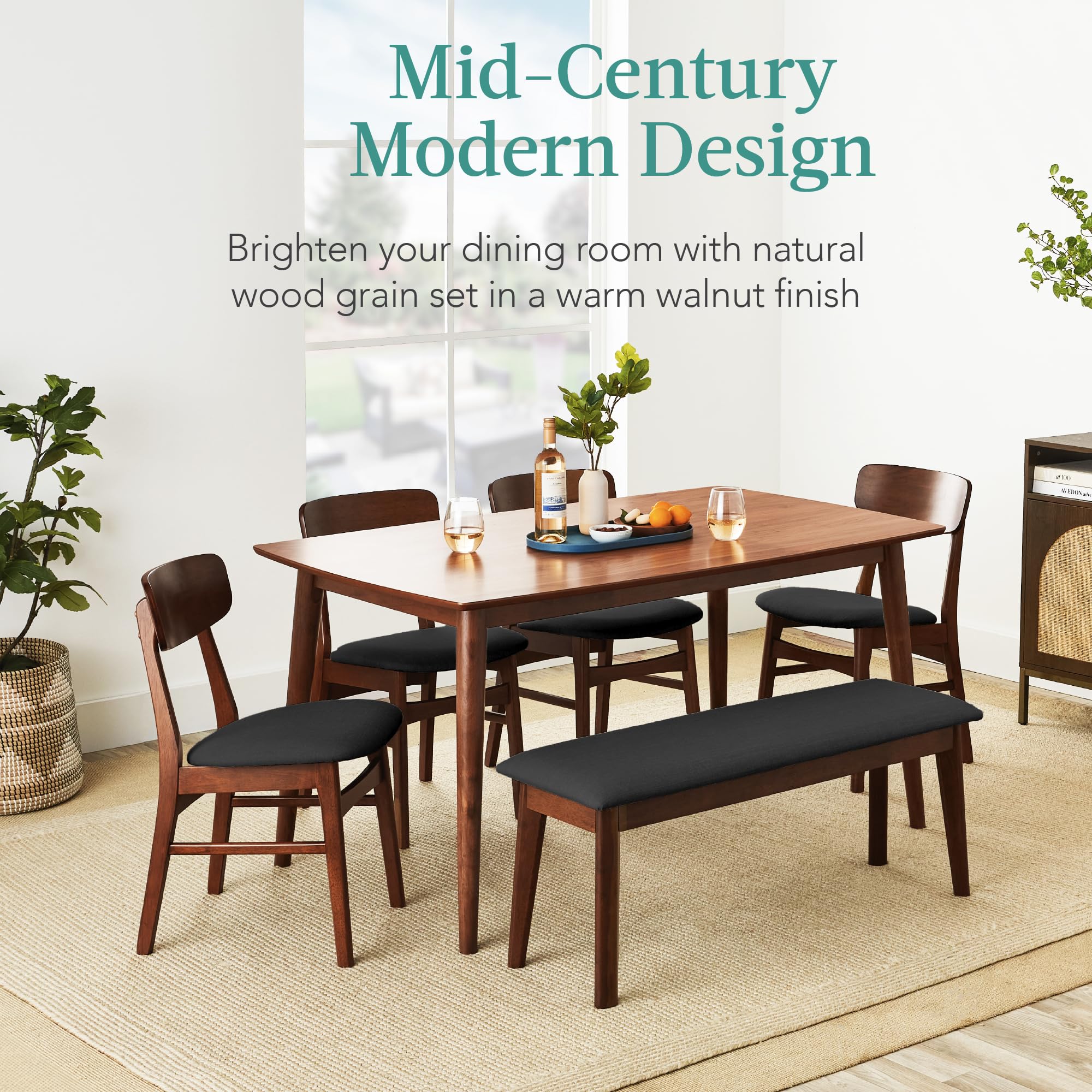 Best Choice Products 6-Piece Wooden Dining Set, Mid-Century Modern Table & Upholstered Chair Set w/Bench Seat, Rubberwood Legs - Walnut/Charcoal