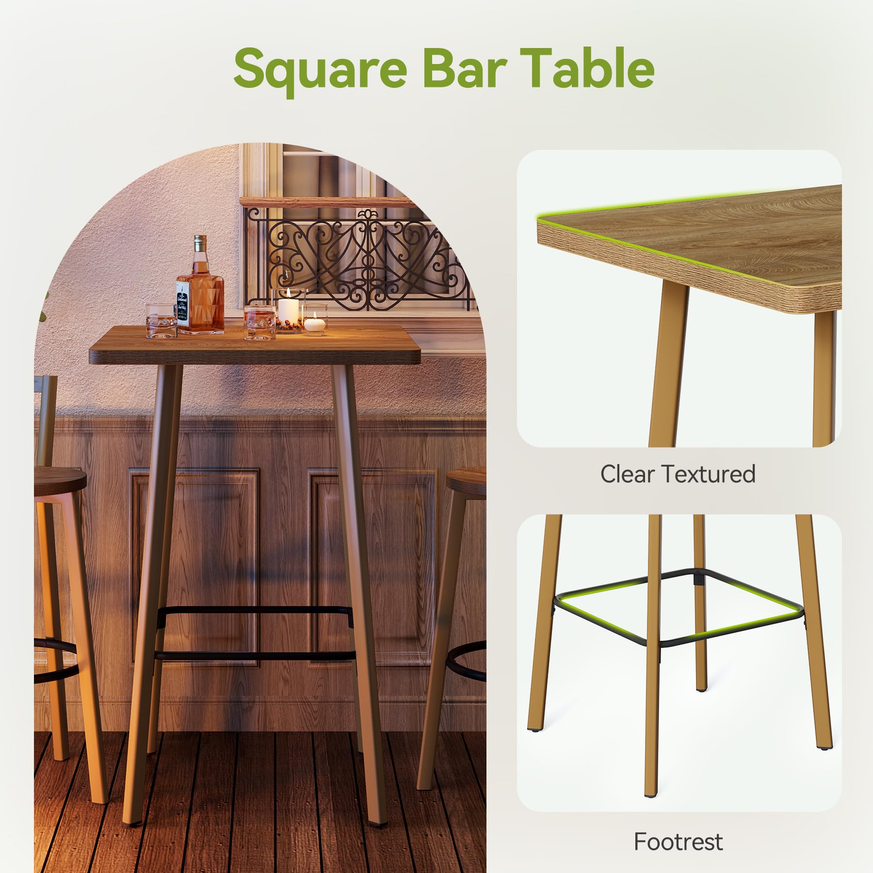 Bar Table and 2-Chair Set with Footrest, Oak