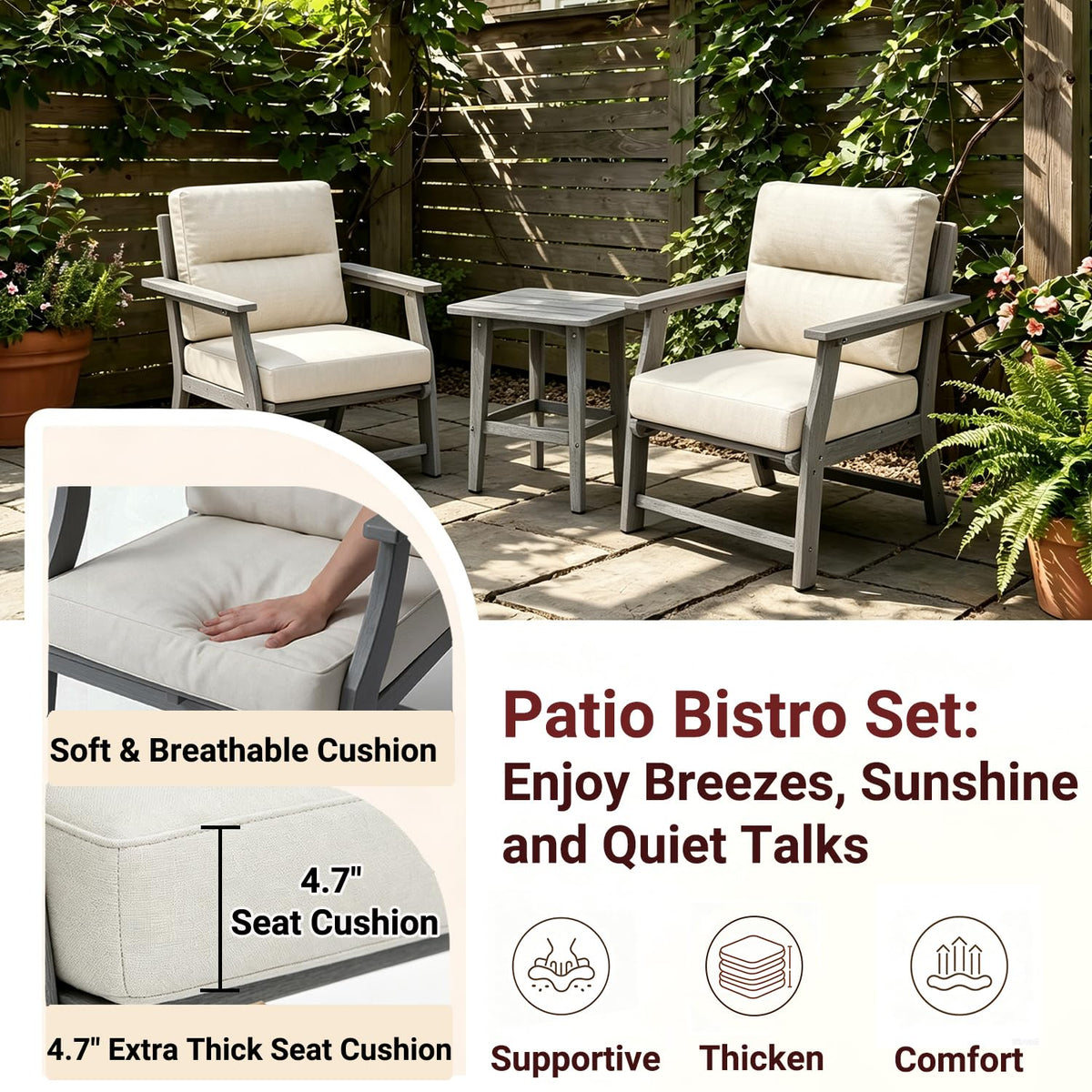 Polyhouz 3 Piece Patio Bistro Set, Outdoor Table Chairs with Cushion, Grey