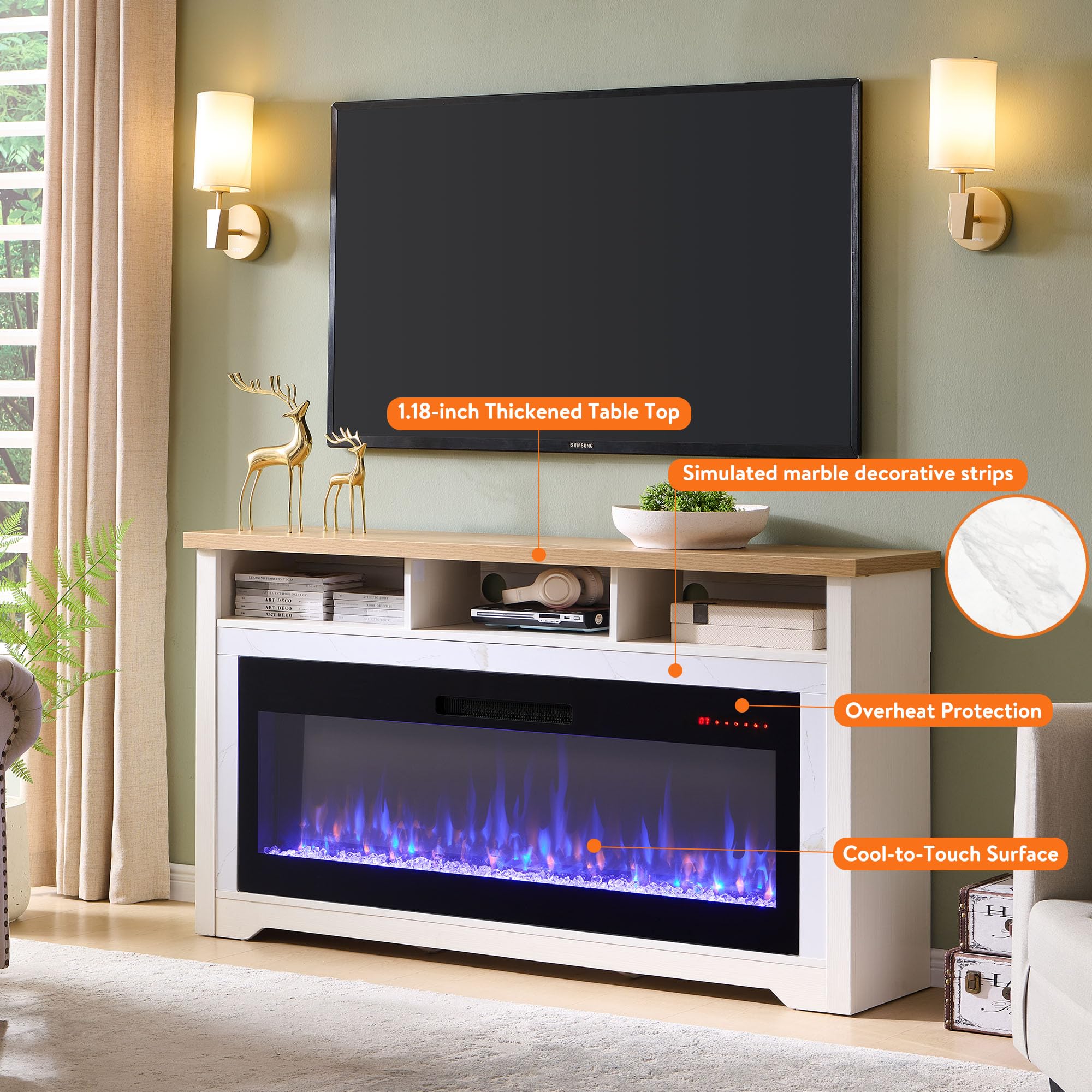 TV Stand with Electric Fireplace – Open Shelves, App & Voice Control, White