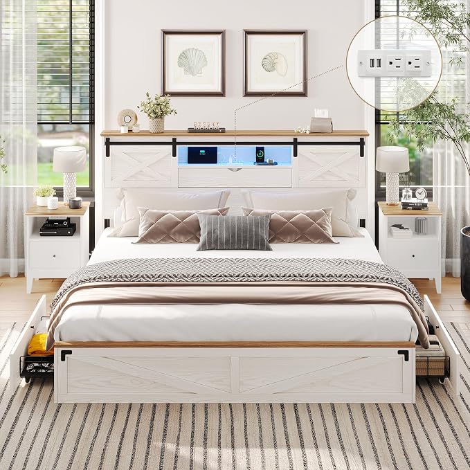 King Farmhouse Storage Bed with LED Lights