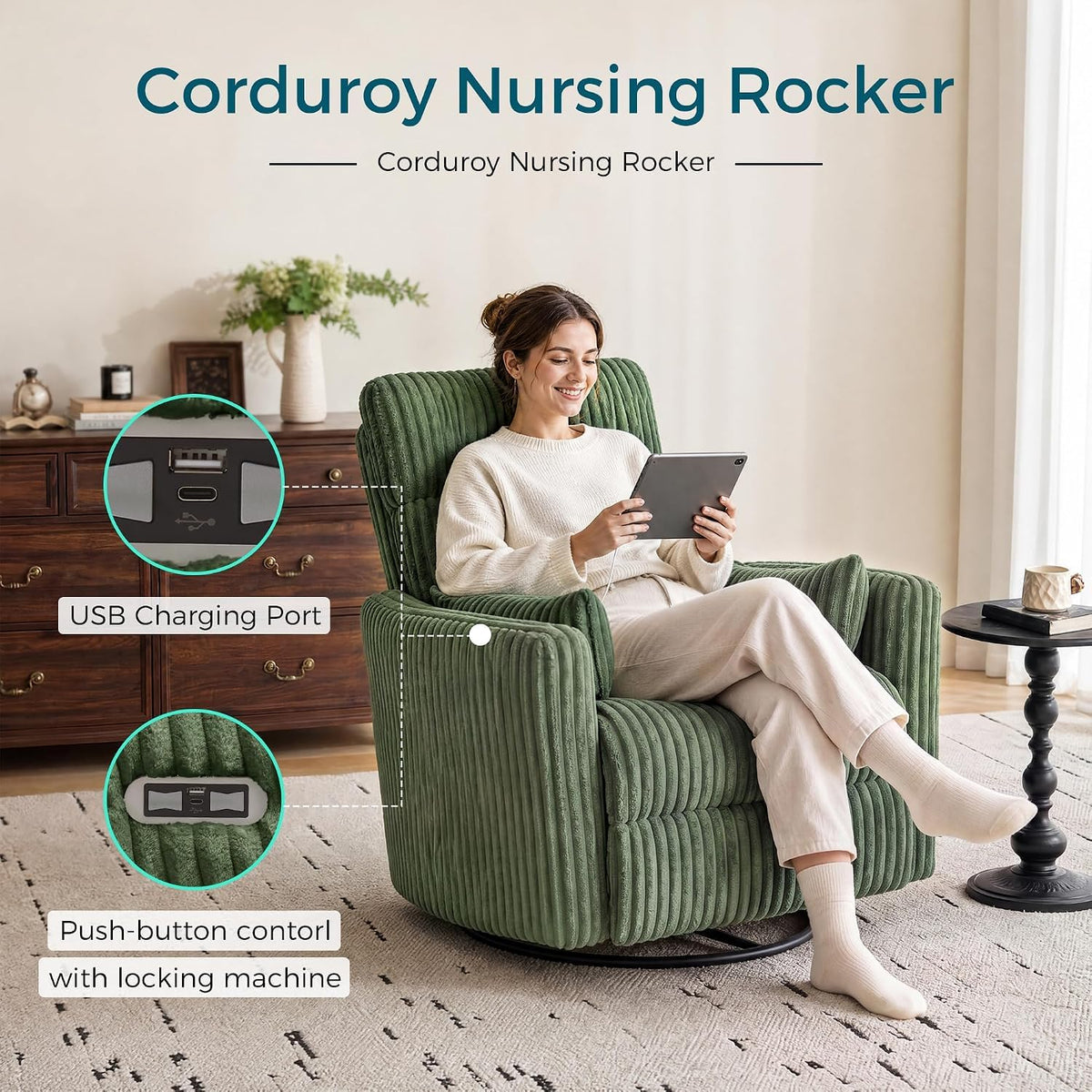 Green Corduroy Power Swivel Recliner