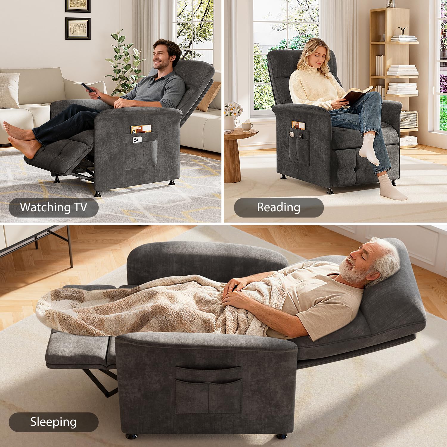 LegacyAmerhome Power Recliner Chair for Adults with Heat & Massage - Soft Fabric Electric Reclining Sofa with Remote Control, 180° Lay Sleeper 3 Side Pockets for Living Room Home Theater, Dark Grey