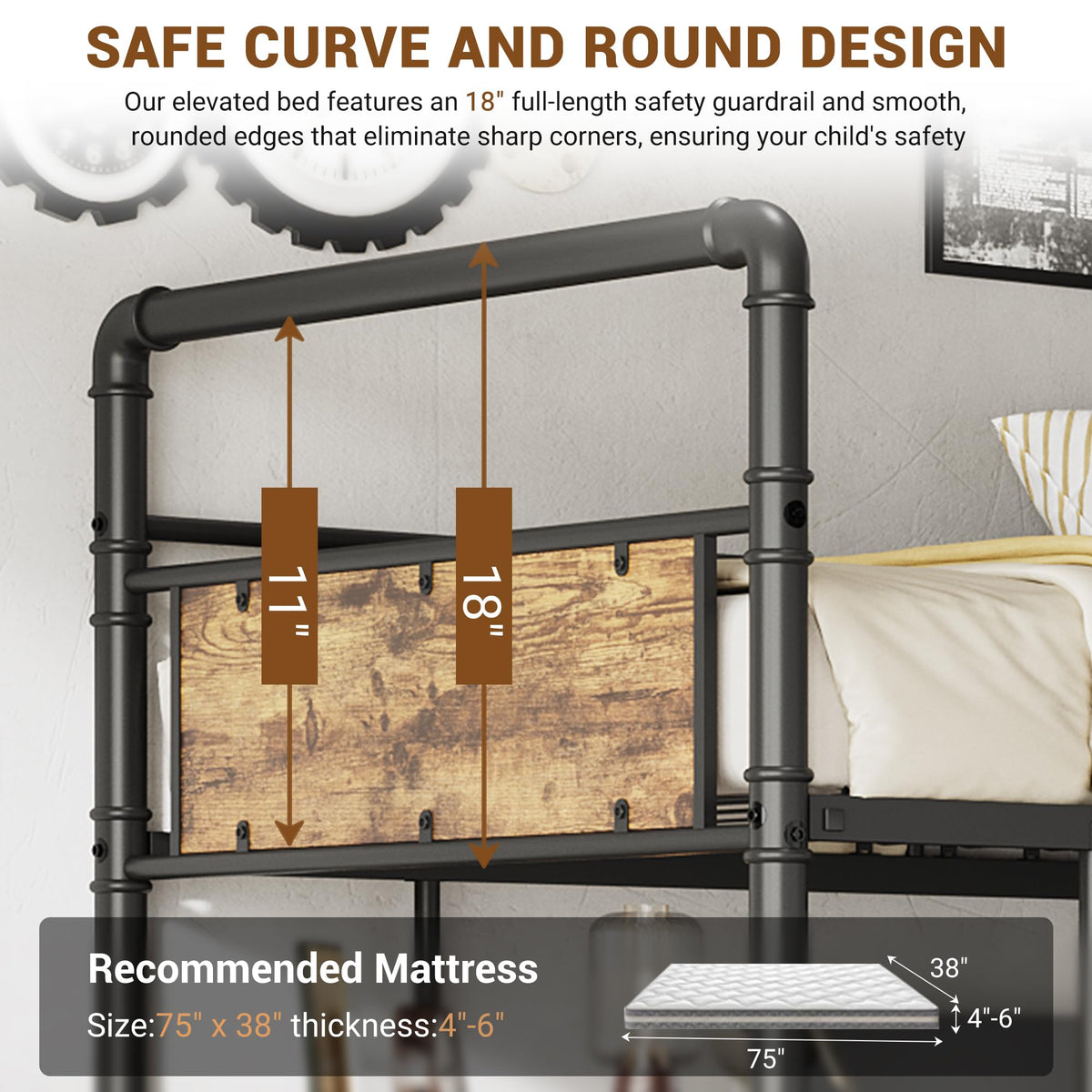 GarveeHome Loft Bunk Bed with L-Shaped Desk, Industrial Twin Loft Bed,Brown