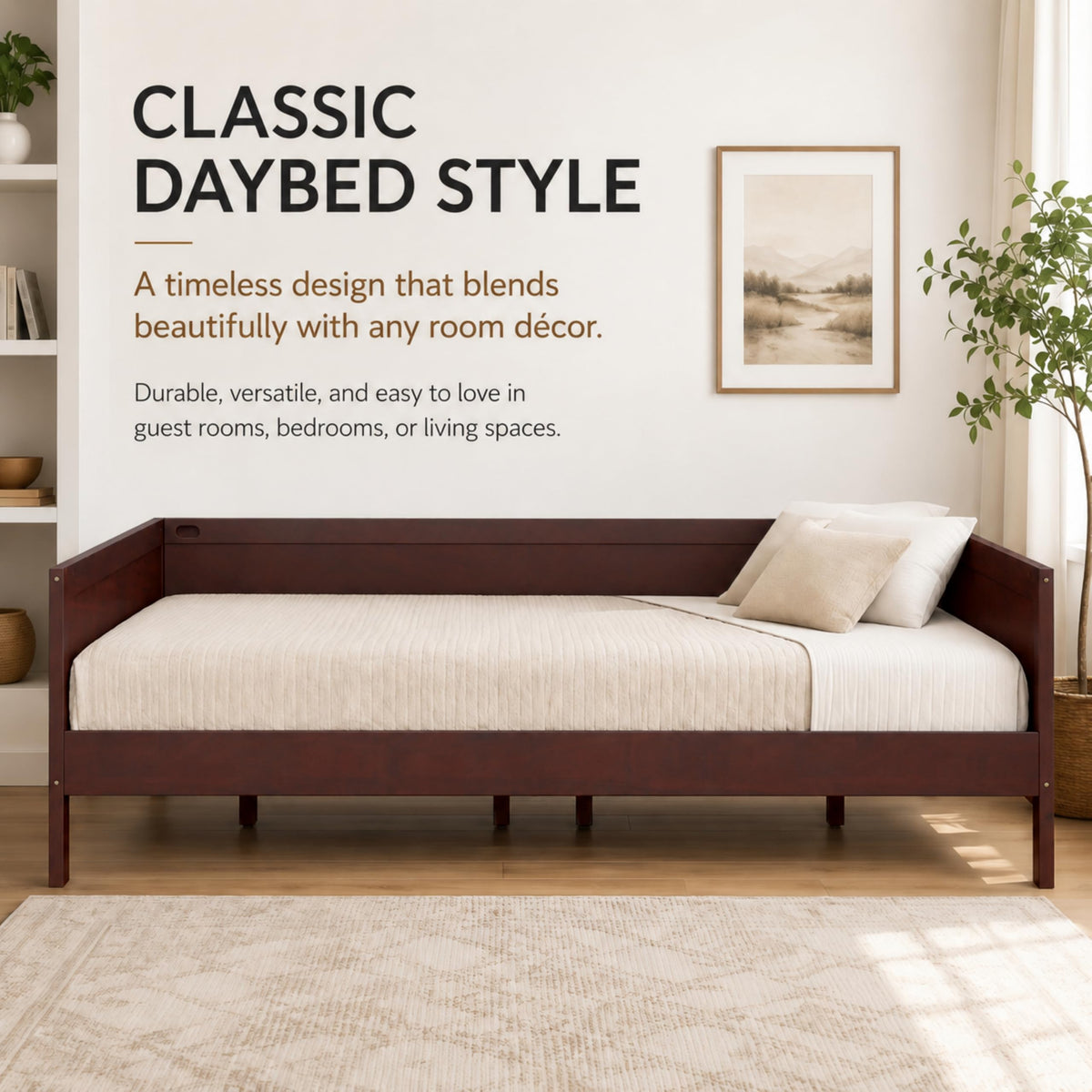 Corner Bed Frame Full Size with 3-Side Rails and Slat Support, Dark Walnut