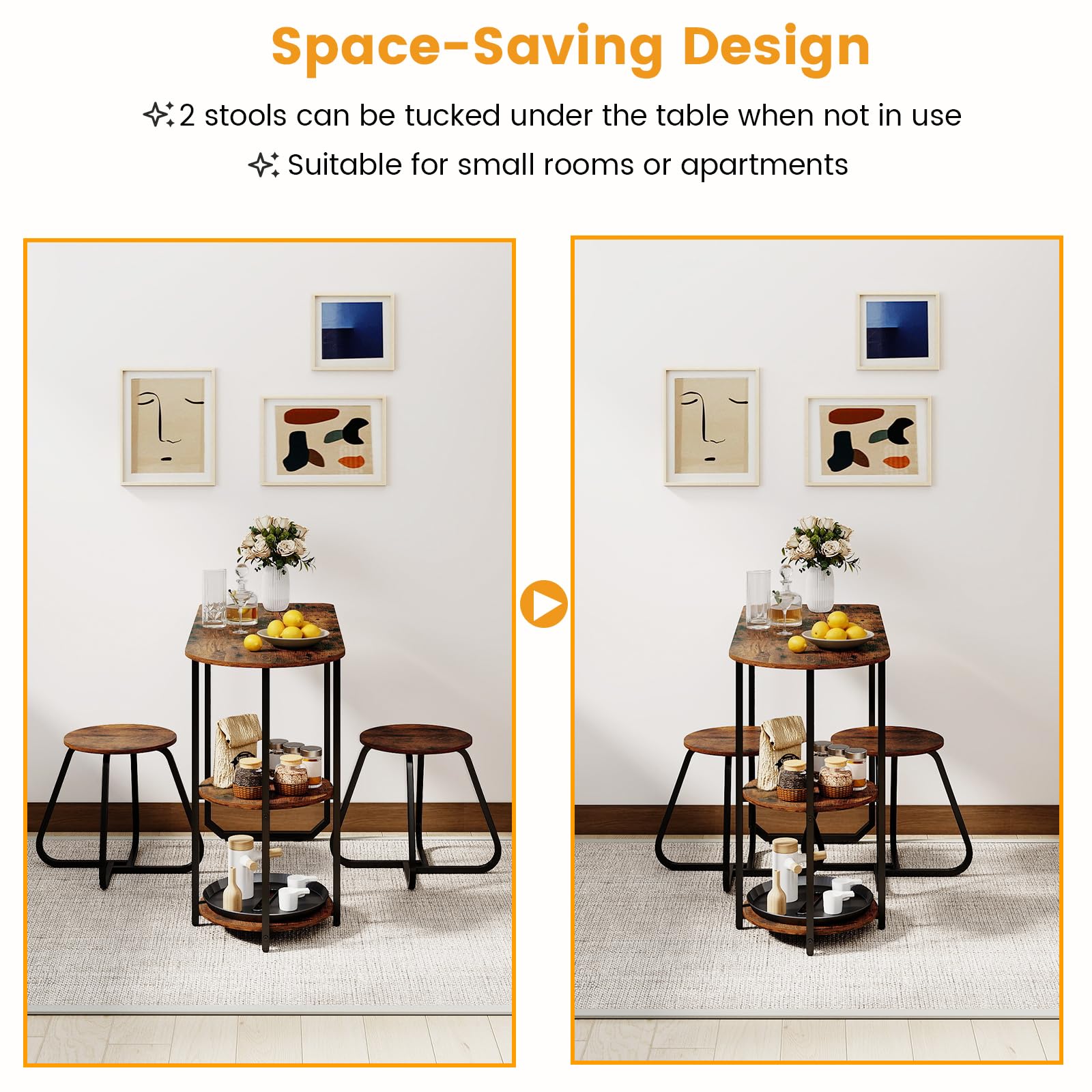 3-Piece Industrial Dining Table Set with 2 Stools & Storage Shelves