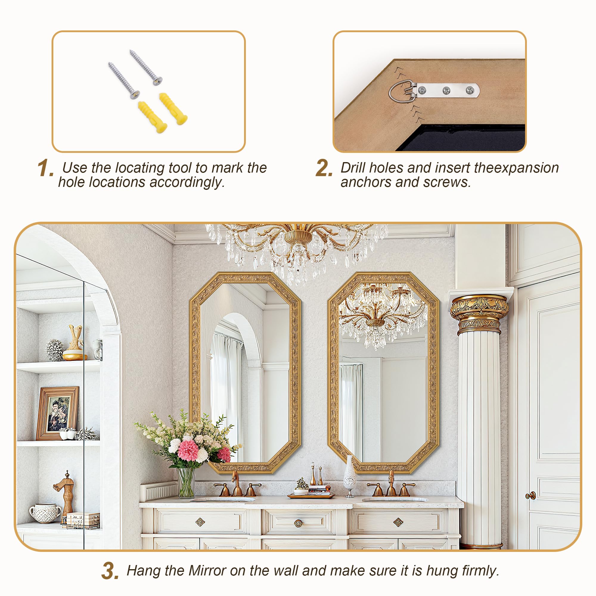 Octagonal Gold Wall Mirror with Carved Wood Frame