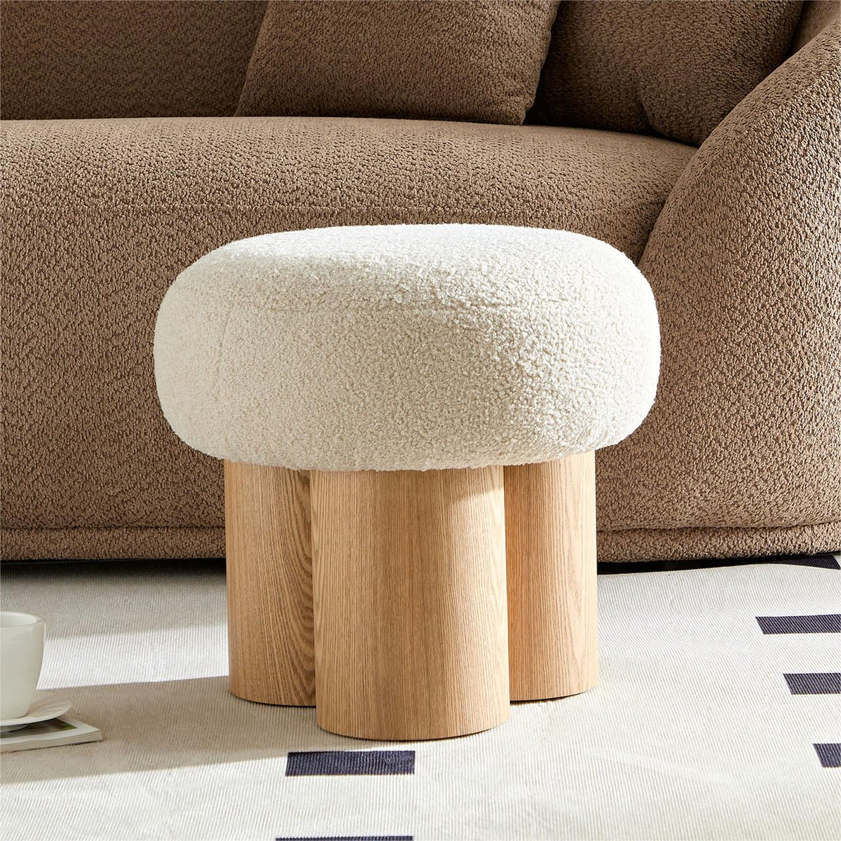 MEETAKING Small Round Foot Stool, 16.54" Teddy Footrest Ottoman Stool with Non-Skid Legs, Mushroom Footstools Step for Couch, Desk, Office, Living Room (Beige)