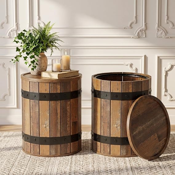 Rustic Barrel Storage Side Table
