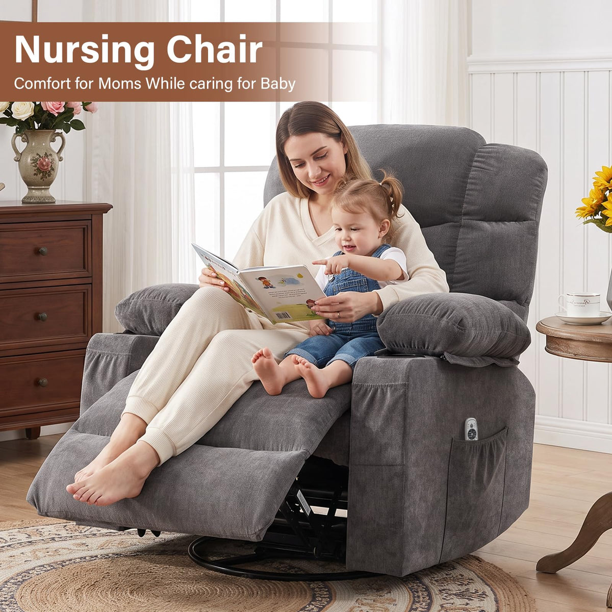 Oversized Swivel Rocker Recliner Chair with Massage and Heat for Adults