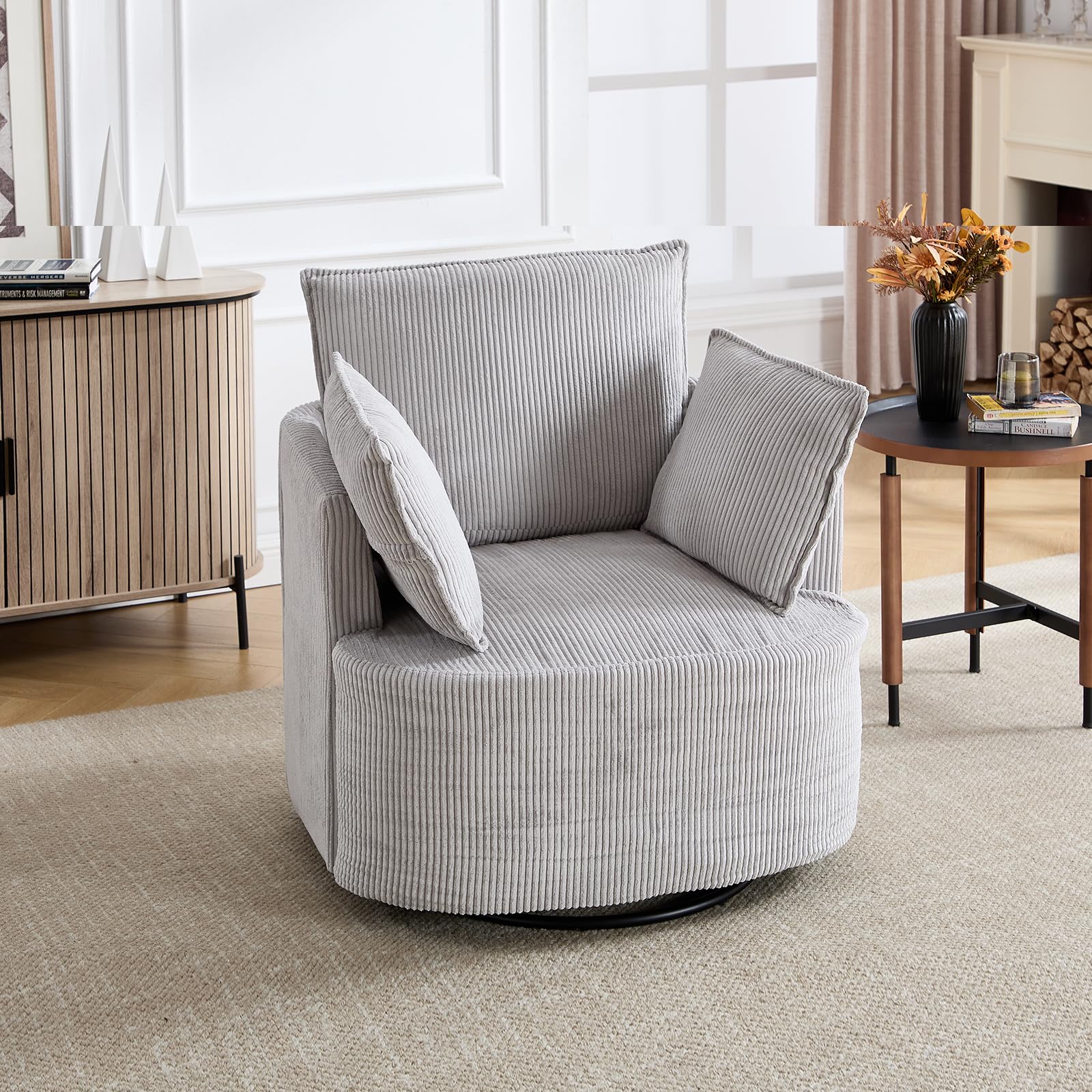 360° Swivel Barrel Chair with Corduroy Upholstery & 3 Pillows