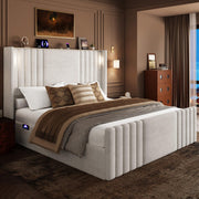 Velvet Wingback Platform Bed Frame with LED Reading Lights