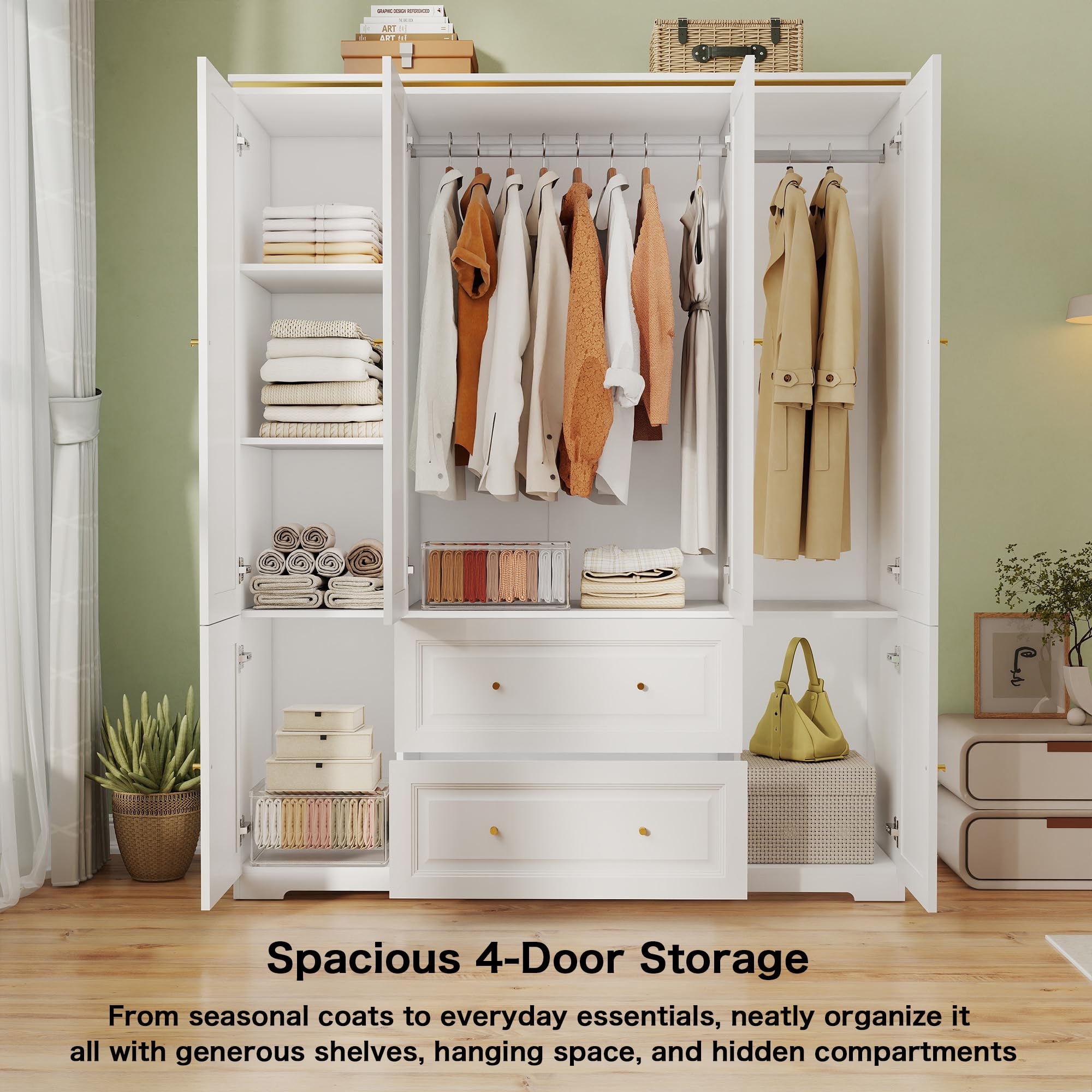 Wardrobe Closet with Drawers and Hanging Rod