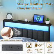 Woanke Full Bed Frame with Headboard, Sturdy Metal Bed Frame with Led Light&Charging Station, Bed Frame Full Size Noise-Free/AssemblyEasily, Double Bed Frame for Individual, Black Full Size Bed Frame