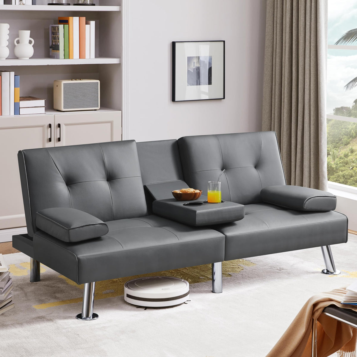 Convertible Futon Sofa Bed with Cup Holders