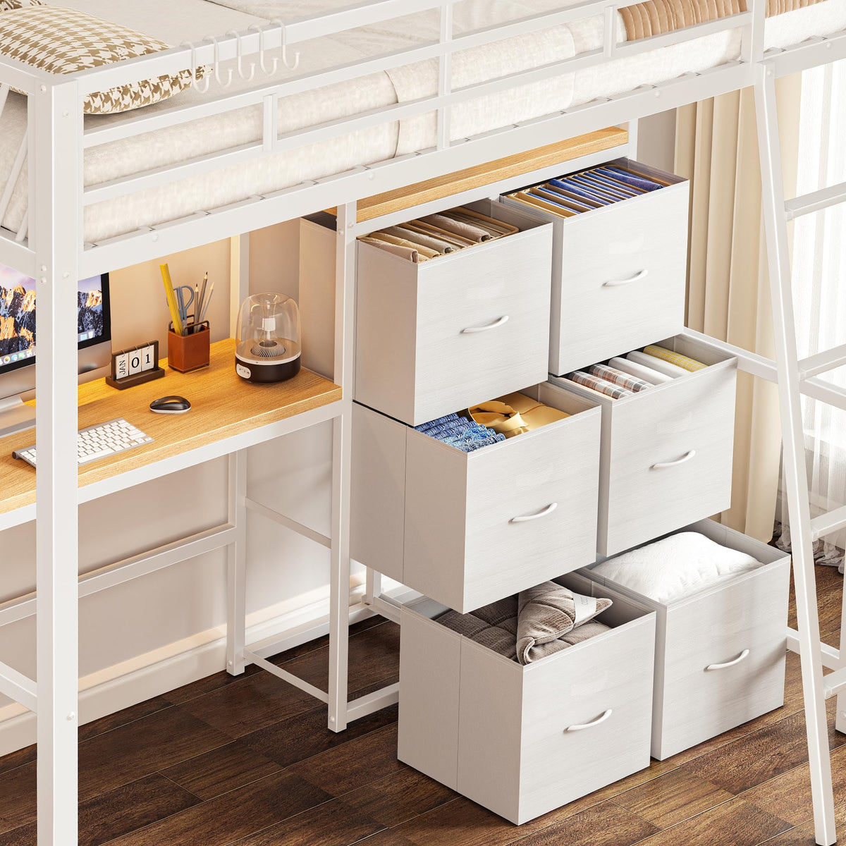 Decofy White Twin Loft Bed with Desk and 6 Storage Drawers, Metal Twin Size Loft Beds with Charging Station, RGB LED Lights, and Pegboard & Hanging Rod for Kids, Teenager (White)