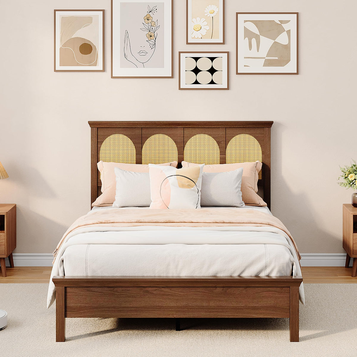 IDEALHOUSE Full Boho Rattan Bed Frame with Headboard and Wooden Platform
