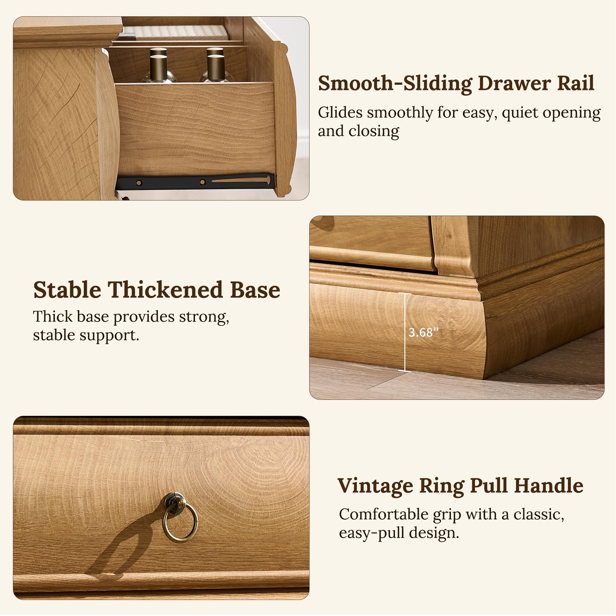 Vintage 3-Drawer Nightstand with Charging Station
