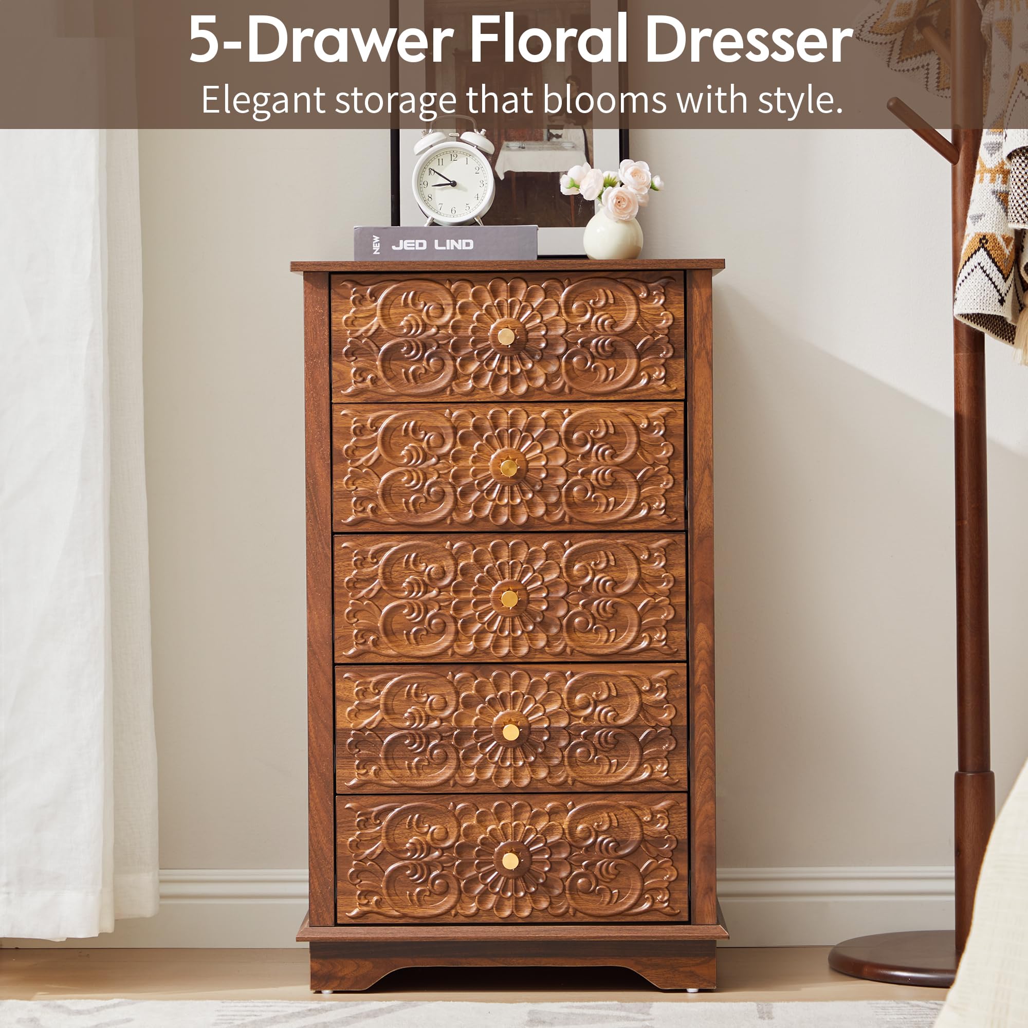 5-Drawer Narrow Dresser with Floral High-Gloss Front