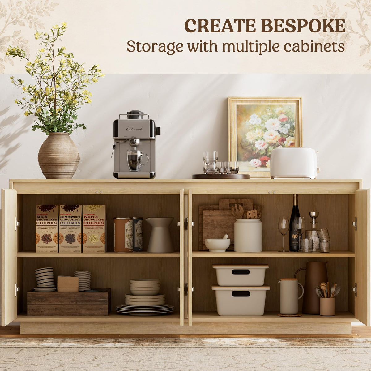 Lulive 63" Fluted Buffet Cabinet Sideboard with Storage Credenza 4 Doors Wood Modern Accent Coffee Bar Console Table for Kitchen Entryway Oak Natural