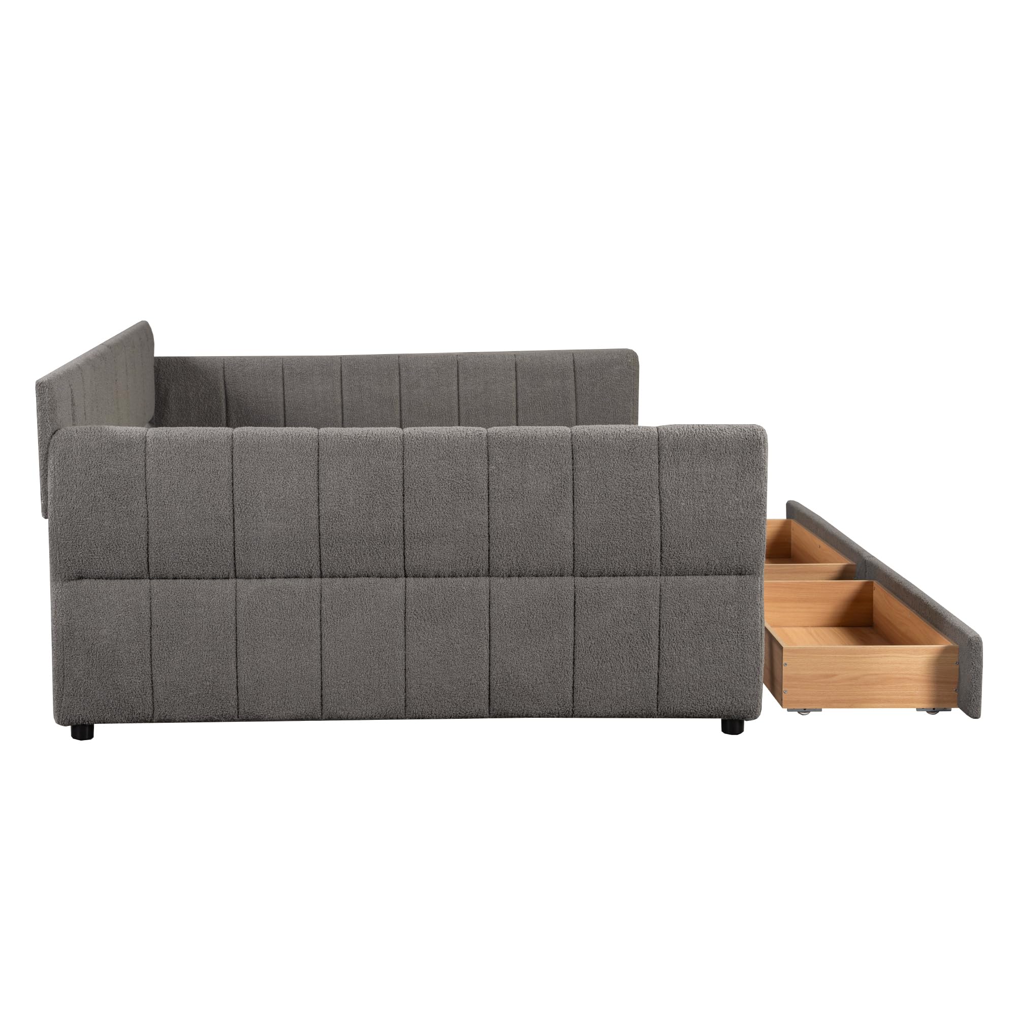 GDFStudio Queen Size Upholstered Platform Bed Frame with USB Ports & 2 Storage Drawers, Modern Sherpa Fabric Daybed Frame with Armrests, and Wooden Slats, No Box Spring Required, Gray