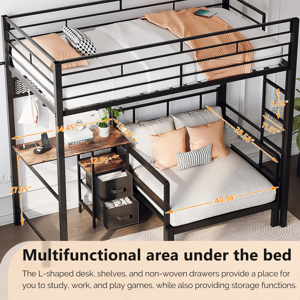 VINGLI Twin Over Twin Bunk Bed with Desk, 15'' Extra High Guardrail Loft Bed with LED Lights,2 Charging Station,and 2 Storage Drawers,2 Deckers Bed,Metal Space Saving Platform Bed with Vanity,Black