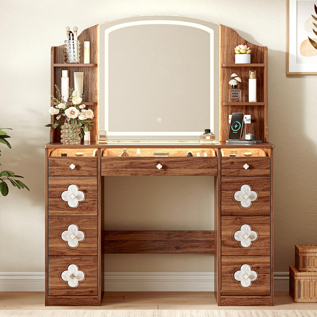 Ieejdn 43.3" Makeup Vanity with LED Mirror, 9 Drawers Dresser with Clover Handles, Built-in Shelves & Power Outlet, Lighted Vanity Desk with Storage for Bedroom, Walnut