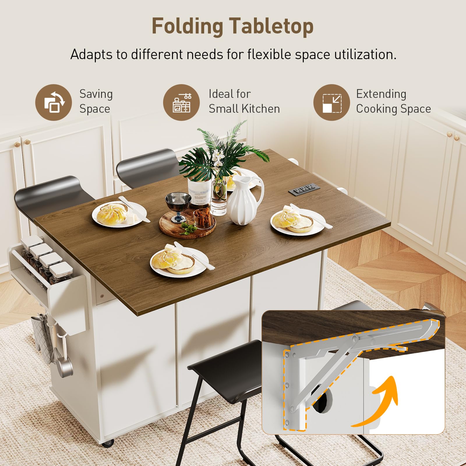 Kitchen Island Cart with Drop Leaf, Power Outlet & Storage