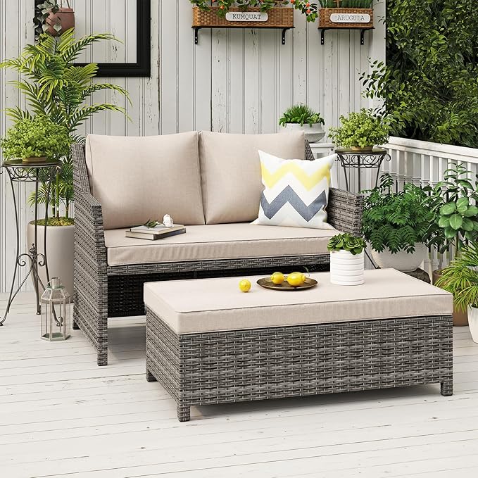 2-Piece Outdoor Wicker Loveseat & Coffee Table Set with Storage