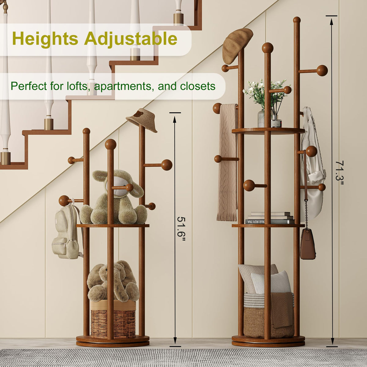 Rotating Wood Coat Rack with Shelves