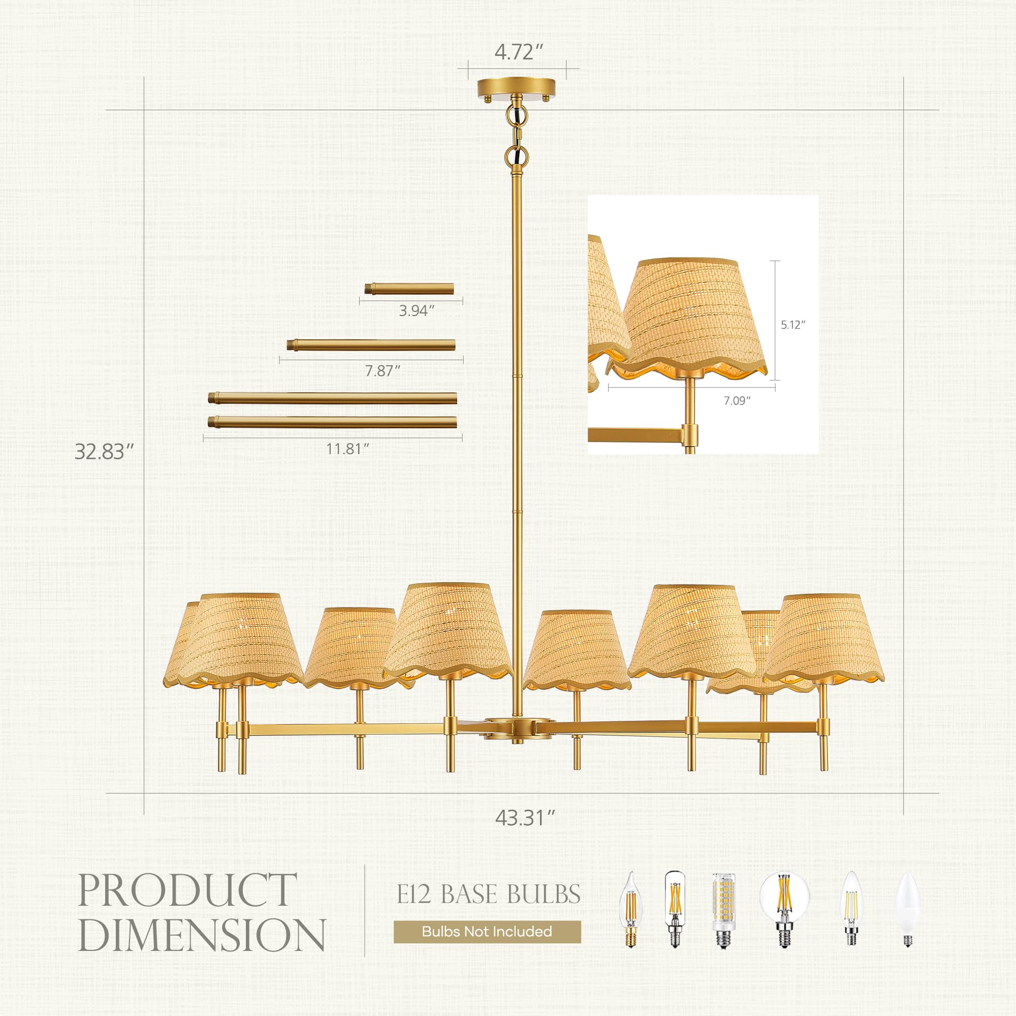 Aol furin 8-Light Boho Rattan Chandelier with Woven Shades, 43” Brass Gold Light Fixture for Dining Room,Adjustable Rustic Pendant Light for Kitchen Island Living Room Entryway,E12.