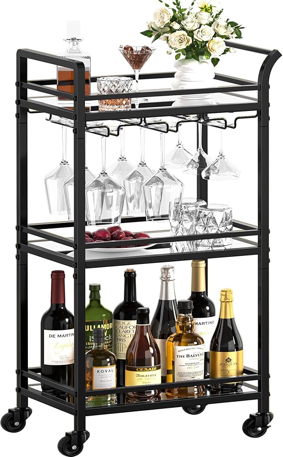 3-Tier Rolling Bar Cart with Wine Rack & Glass Holder
