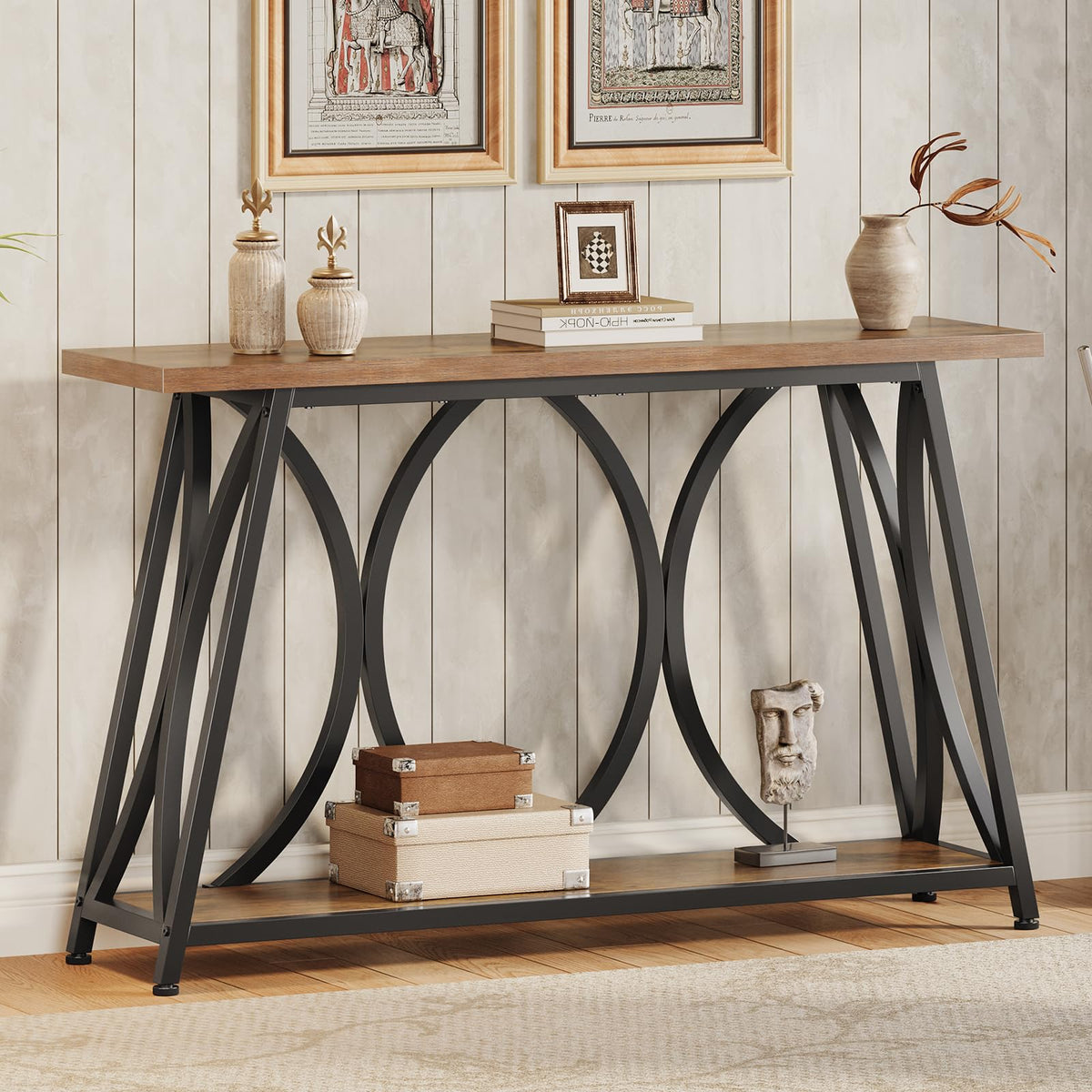 GiftGo 47.24" Entryway Console Table, Industrial Sofa Table Behind Couch with Shelves, 2 Tier Narrow Wood Accent Table with Metal Frame for Living Room, Entrance, Hallway, Foyer, Rustic Brown