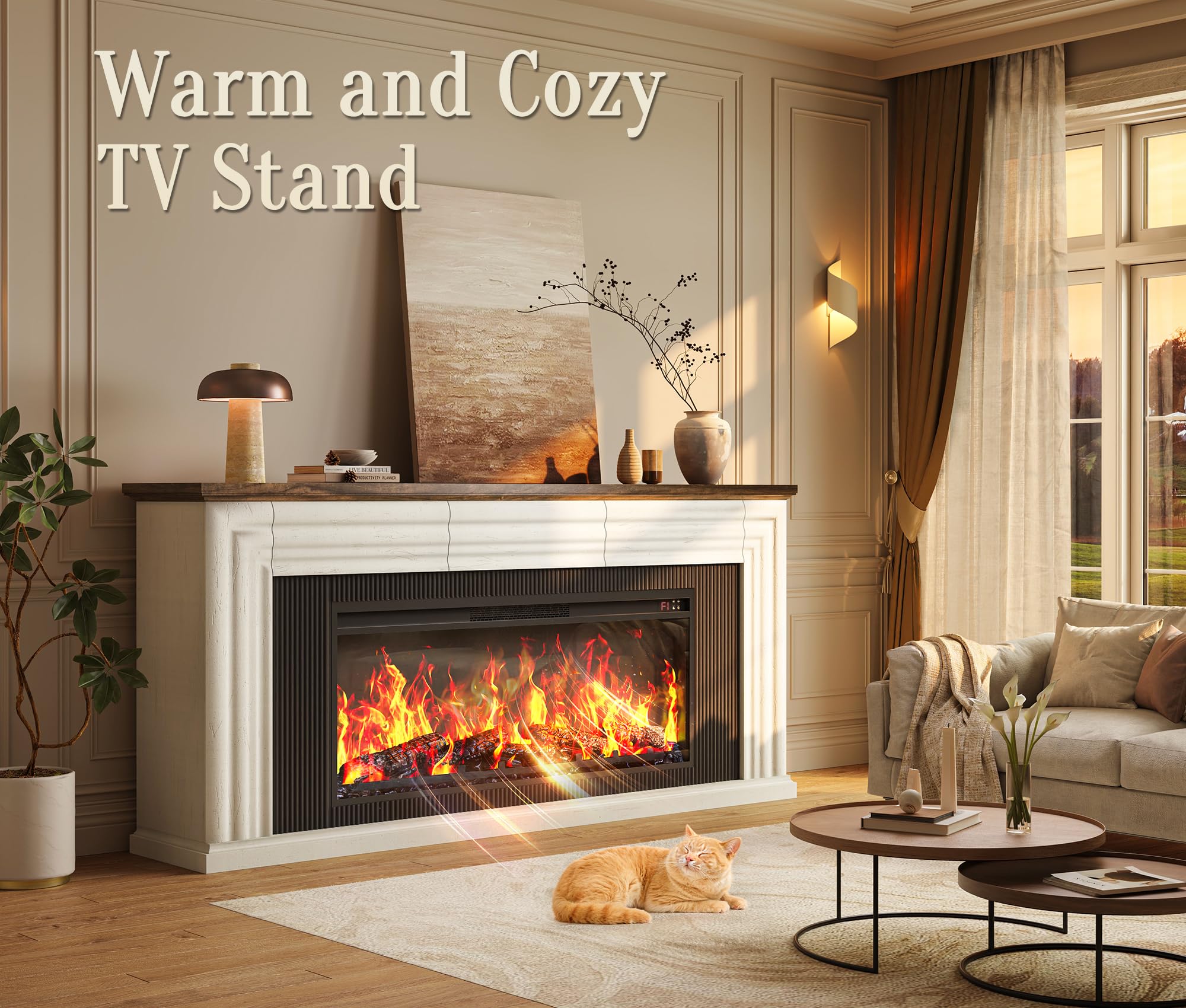 70" Farmhouse TV Stand with 42" Electric Fireplace & 3 Drawers