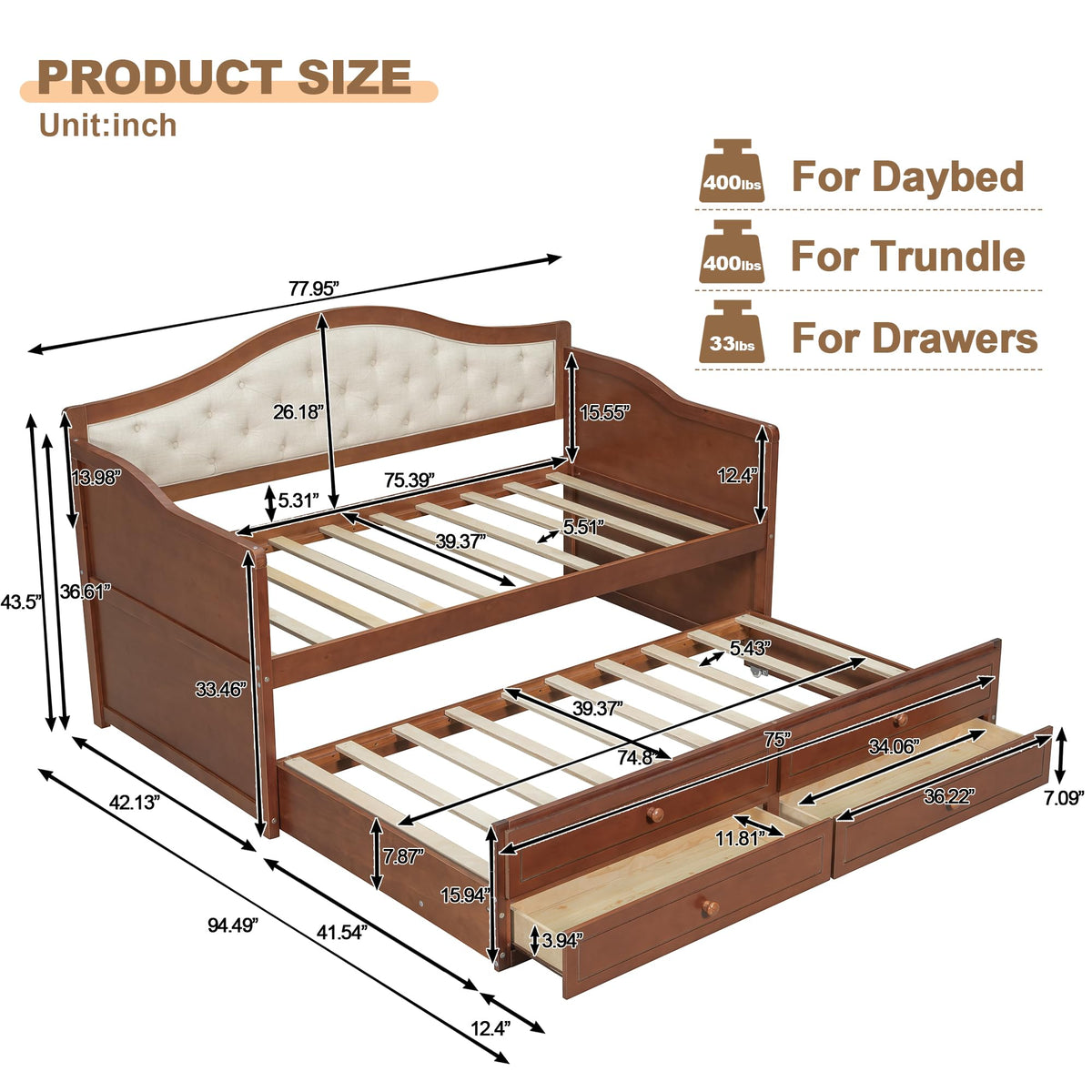 Twin Size Corner Bed Frame with Storage Drawers and Trundle, Walnut