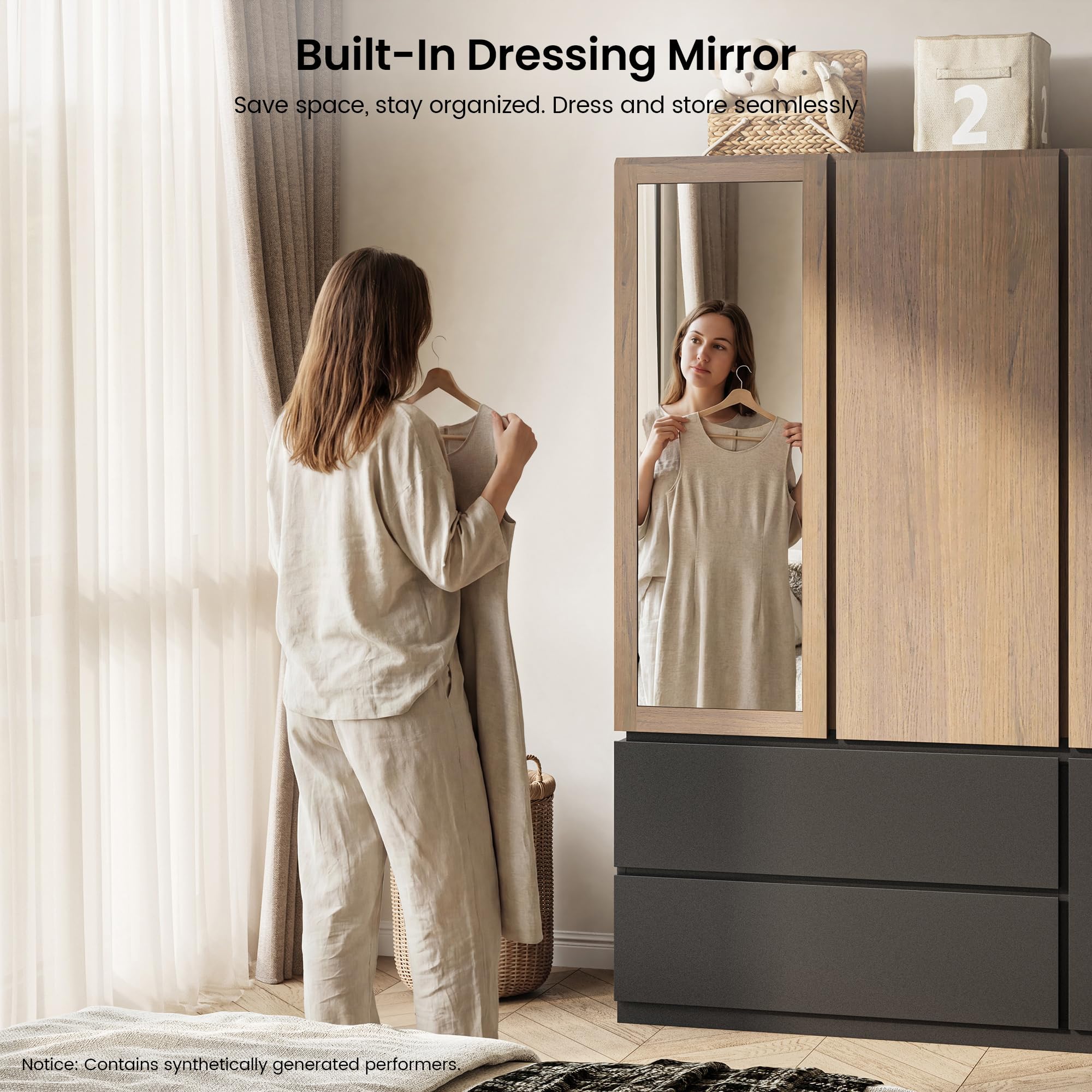 ModernMate 71" Wardrobe Armoire Closet with Mirror & 2 Drawers, Freestanding 3-Door Wooden Closet with 2 Hanging Rods, Steel Ball Slides, Compact Storage Cabinet for Bedroom, Rental, Apartment, Dorm
