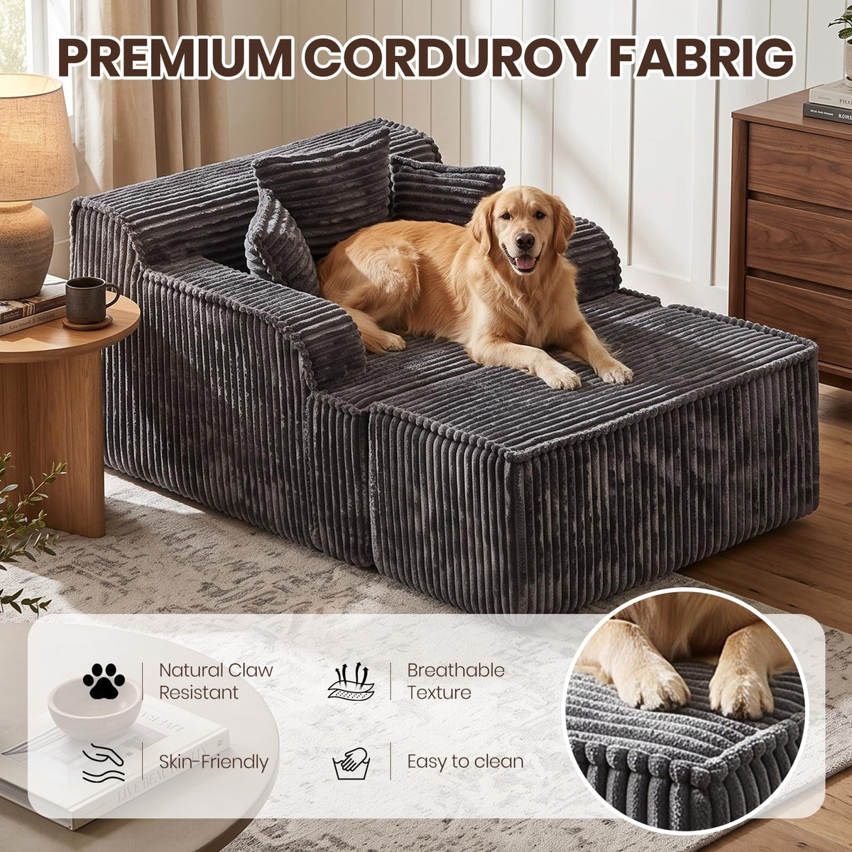 NLDD Corduroy Chaise Lounge Chair with Detachable Ottoman, Convertible Modular Reading Chaise Lounge, High-Density Foam Single Person Relaxation Chair for Living Room,Apartment,Small Spaces