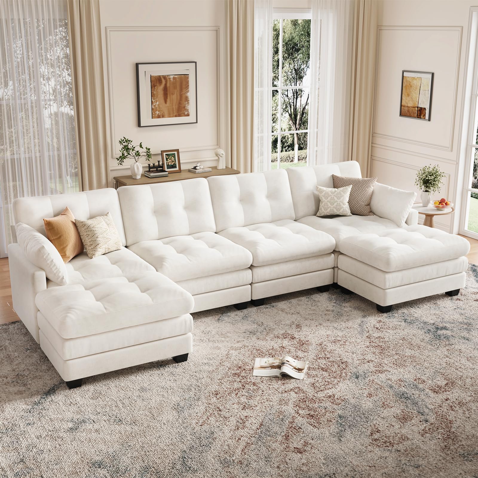 Modular Sectional U Shaped Sofas Couches for Living Room, Tufted Cloud Couch with 2 Movable Ottomans, Comfy Chenille Deep Seat Sofa with Soft Pillows for Bedroom and Apartment, Beige